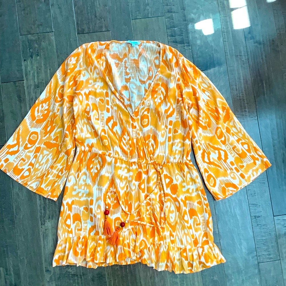 Blue Island Orange and White Swim Cover-Up, XS